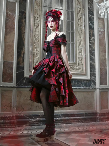 High-Waist Party Style Court Dark Gothic Off-Shoulder Wave Japanese Black Dress Lolita Red Autumn