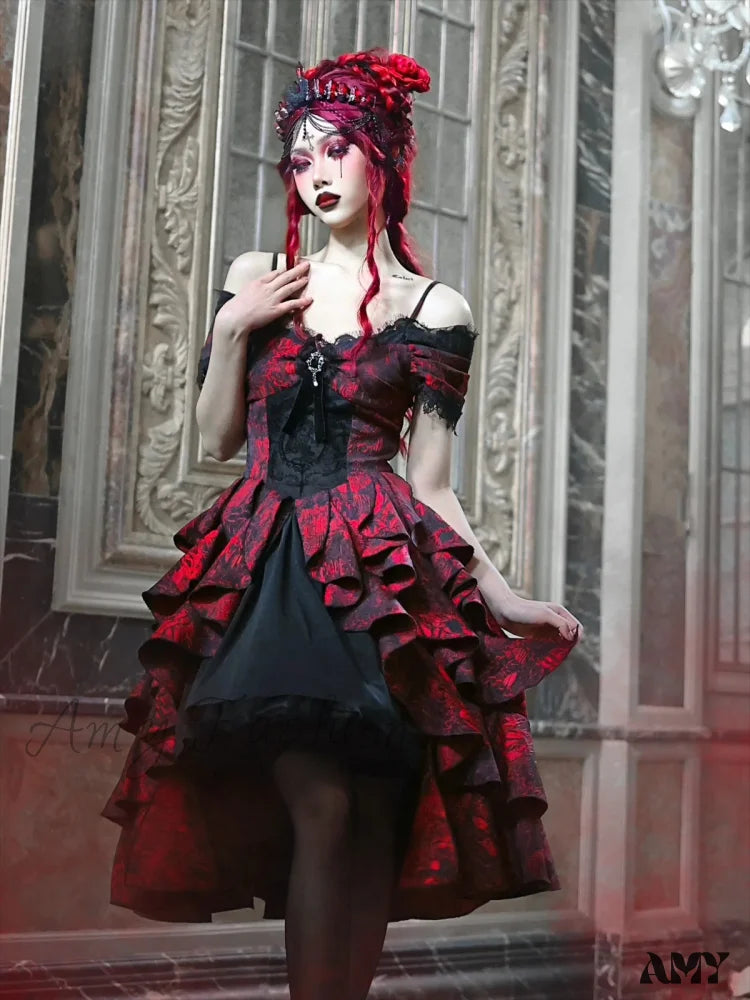 High-Waist Party Style Court Dark Gothic Off-Shoulder Wave Japanese Black Dress Lolita Red Autumn