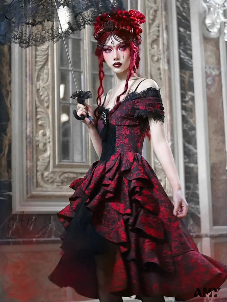 High-Waist Party Style Court Dark Gothic Off-Shoulder Wave Japanese Black Dress Lolita Red Autumn