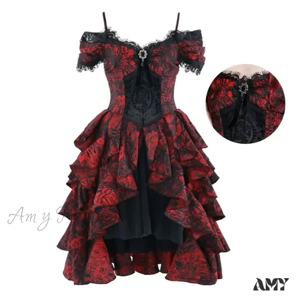 High-Waist Party Style Court Dark Gothic Off-Shoulder Wave Japanese Black Dress Lolita Red Autumn