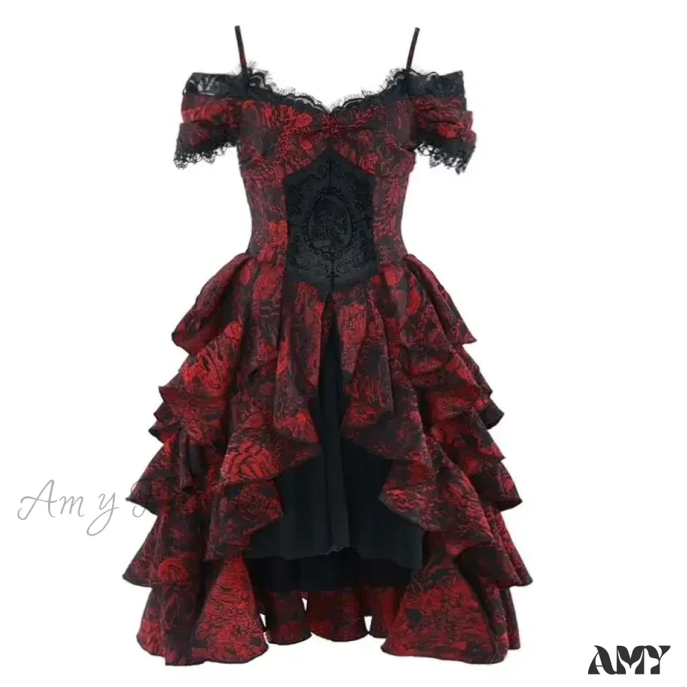 High-Waist Party Style Court Dark Gothic Off-Shoulder Wave Japanese Black Dress Lolita Red Autumn