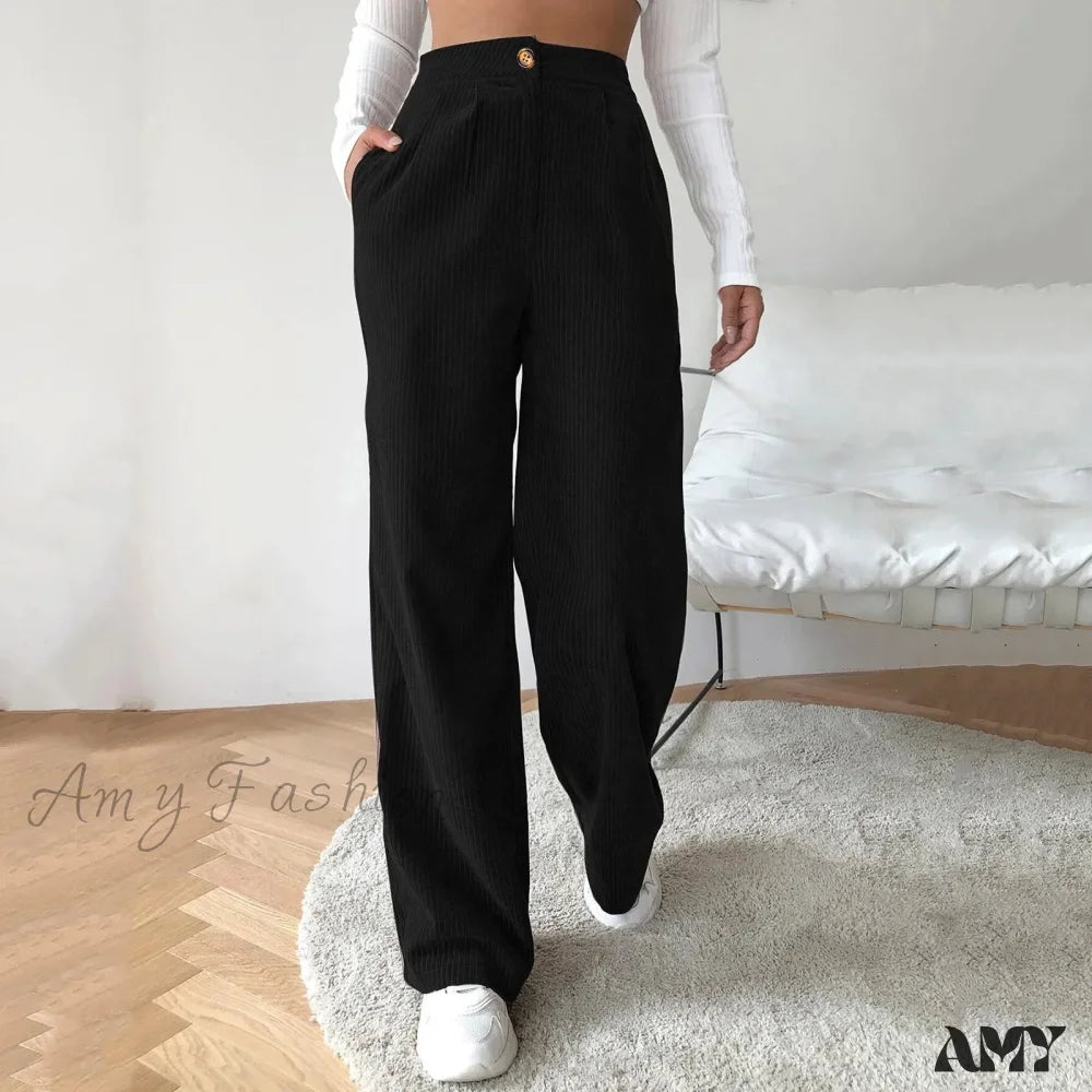 High Waist Wide Spring Solid Causal Straight Loose Vintage Trouser Black / S