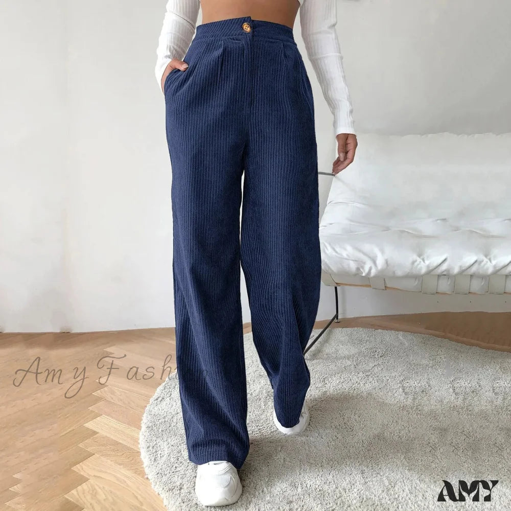 High Waist Wide Spring Solid Causal Straight Loose Vintage Trouser Blue / S