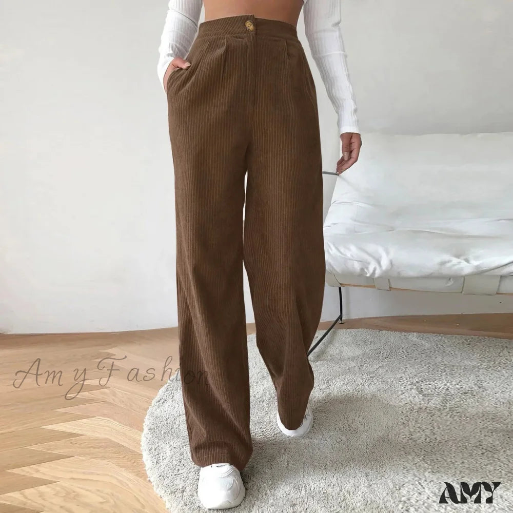 High Waist Wide Spring Solid Causal Straight Loose Vintage Trouser Brown / S