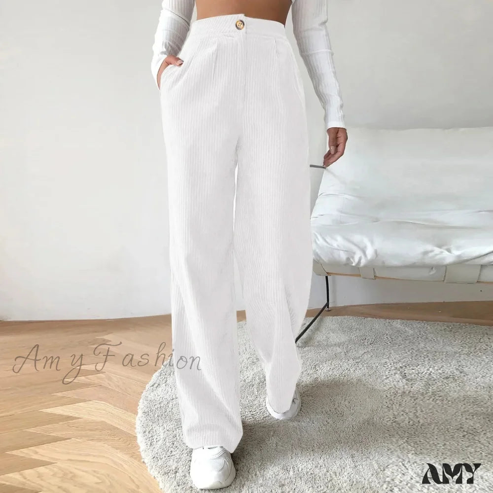 High Waist Wide Spring Solid Causal Straight Loose Vintage Trouser White / S