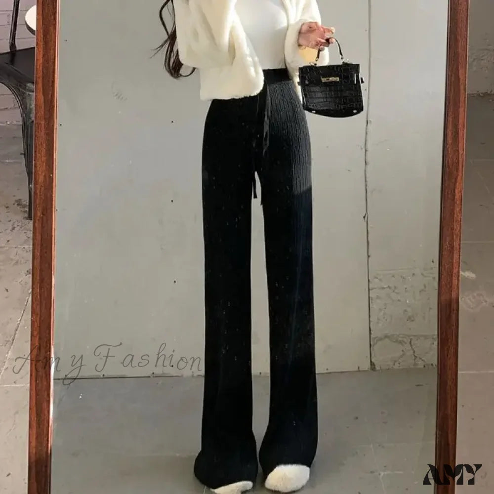 High-Waisted Thin Casual Trendy Drape Wide-Leg Pants Black / One Size