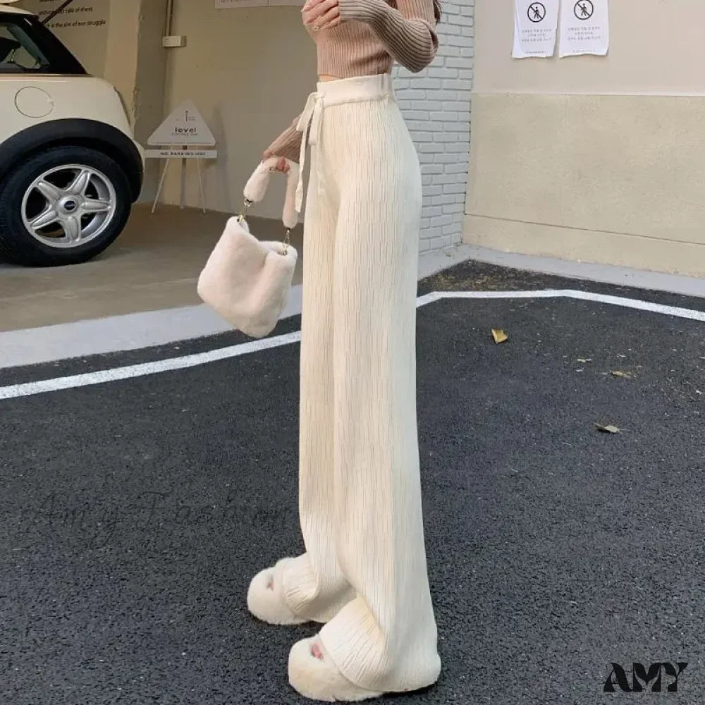 High-Waisted Thin Casual Trendy Drape Wide-Leg Pants Creamy-White / One Size