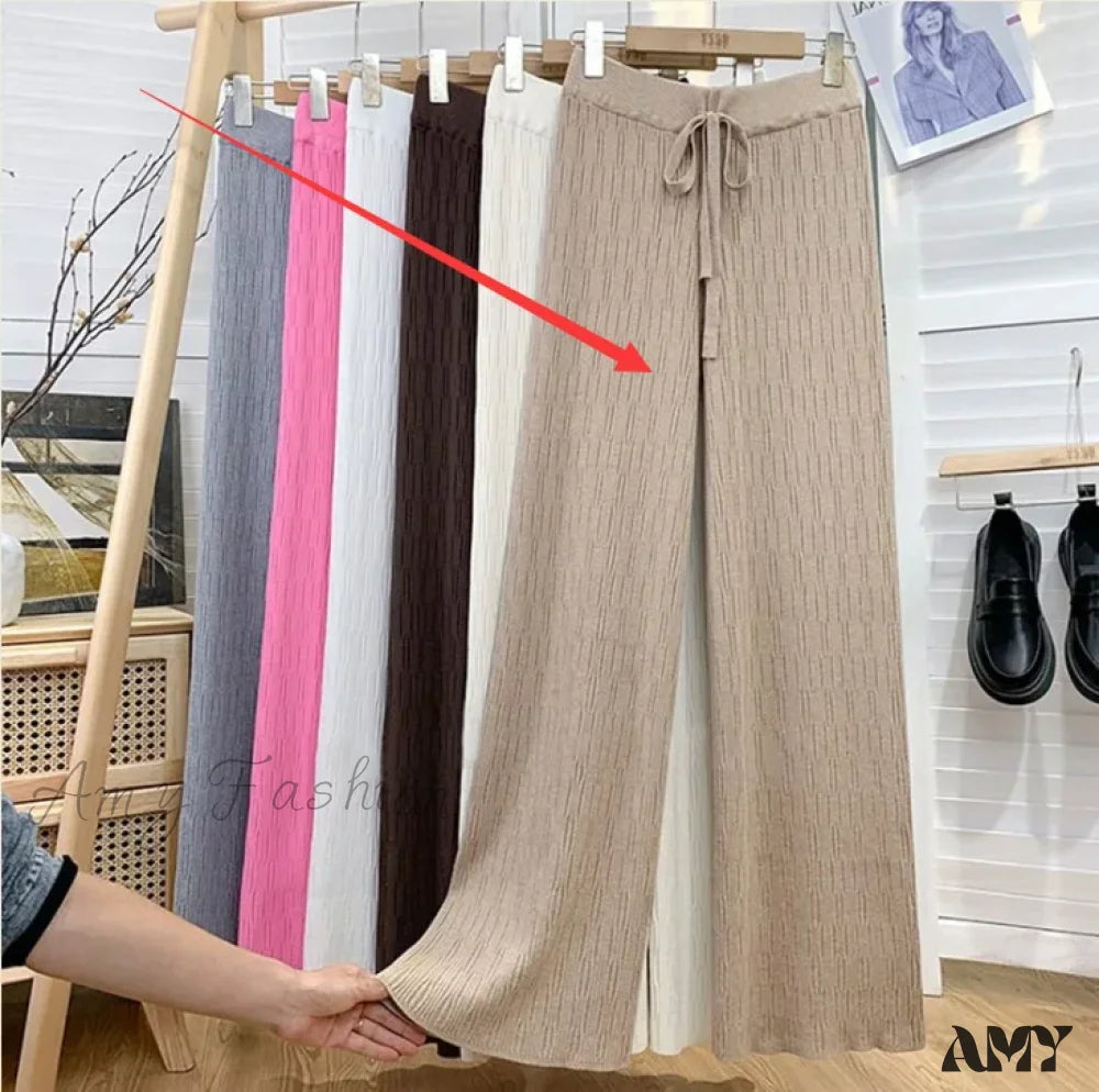 High-Waisted Thin Casual Trendy Drape Wide-Leg Pants Khaki / One Size