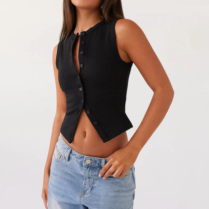 Button Down Casual Slim Fit Sleeveless Ribbed Knit Crop Top