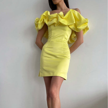 Amy Fashion - Bodycon Solid Color Ruffled Off-shoulder Dress