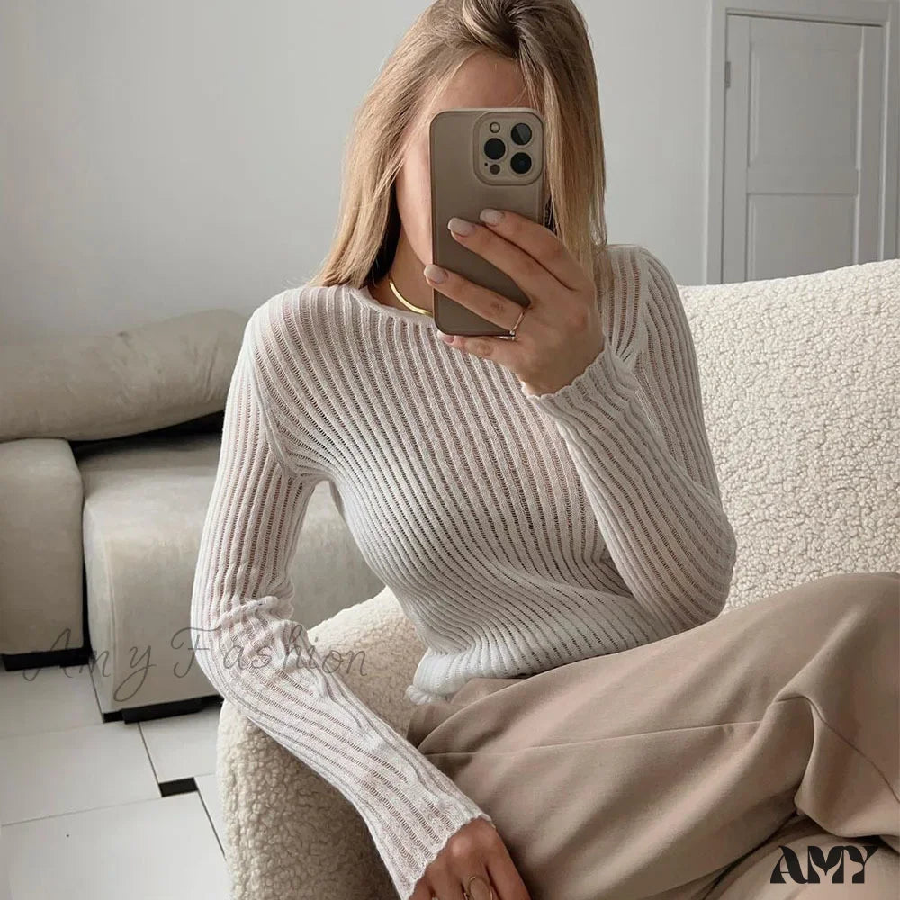 Hollow Out Fashion Sheer Long Sleeve Casual Streetwear Sweater