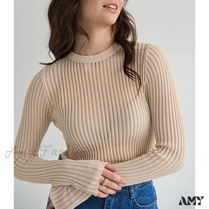 Hollow Out Fashion Sheer Long Sleeve Casual Streetwear Sweater Apricot / S