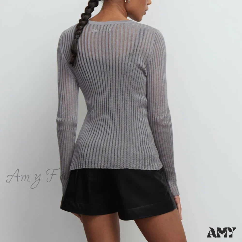 Hollow Out Fashion Sheer Long Sleeve Casual Streetwear Sweater Gray / S