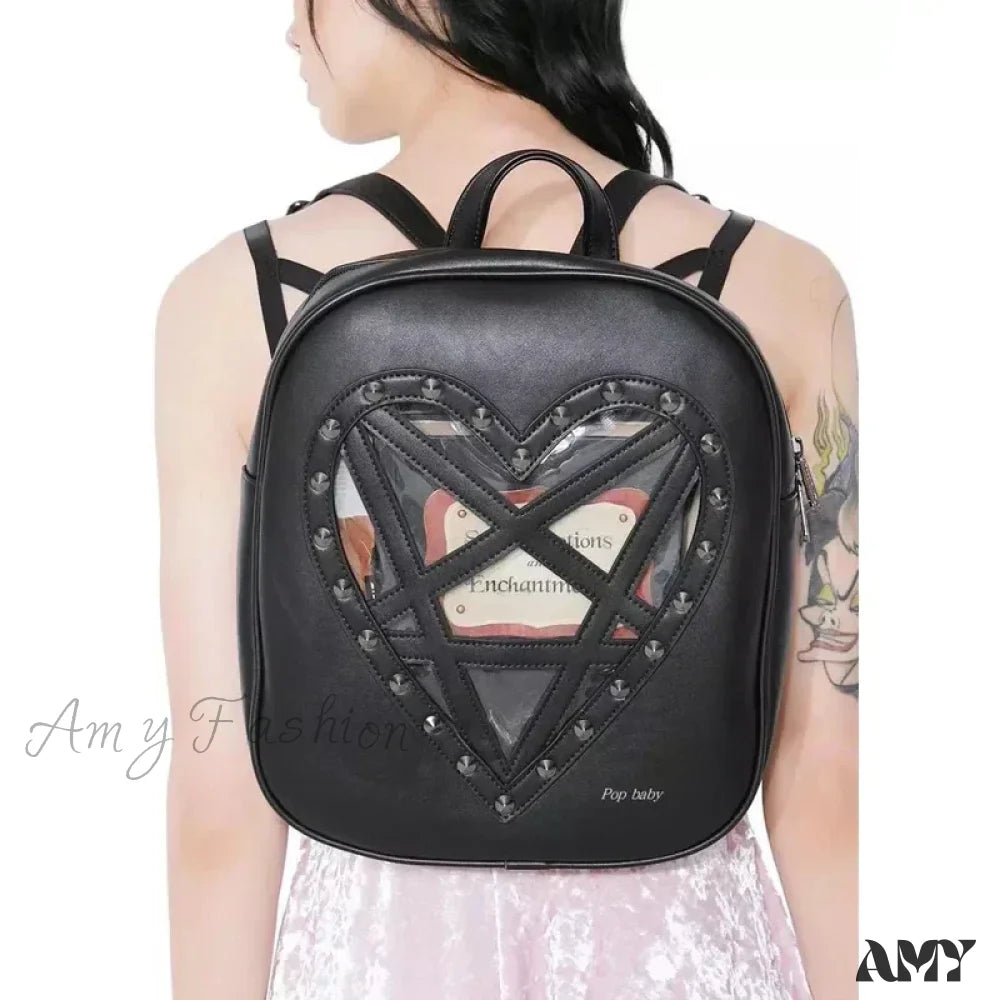 Hollow Punk Pentacle Gothic Out Pu Bag Cosplay Heart Black Leather Rock