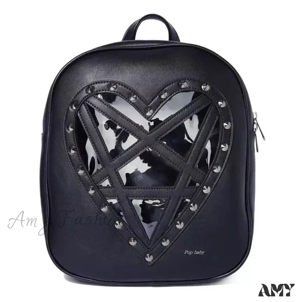 Hollow Punk Pentacle Gothic Out Pu Bag Cosplay Heart Black Leather Rock / 33Cm 28Cm 7Cm