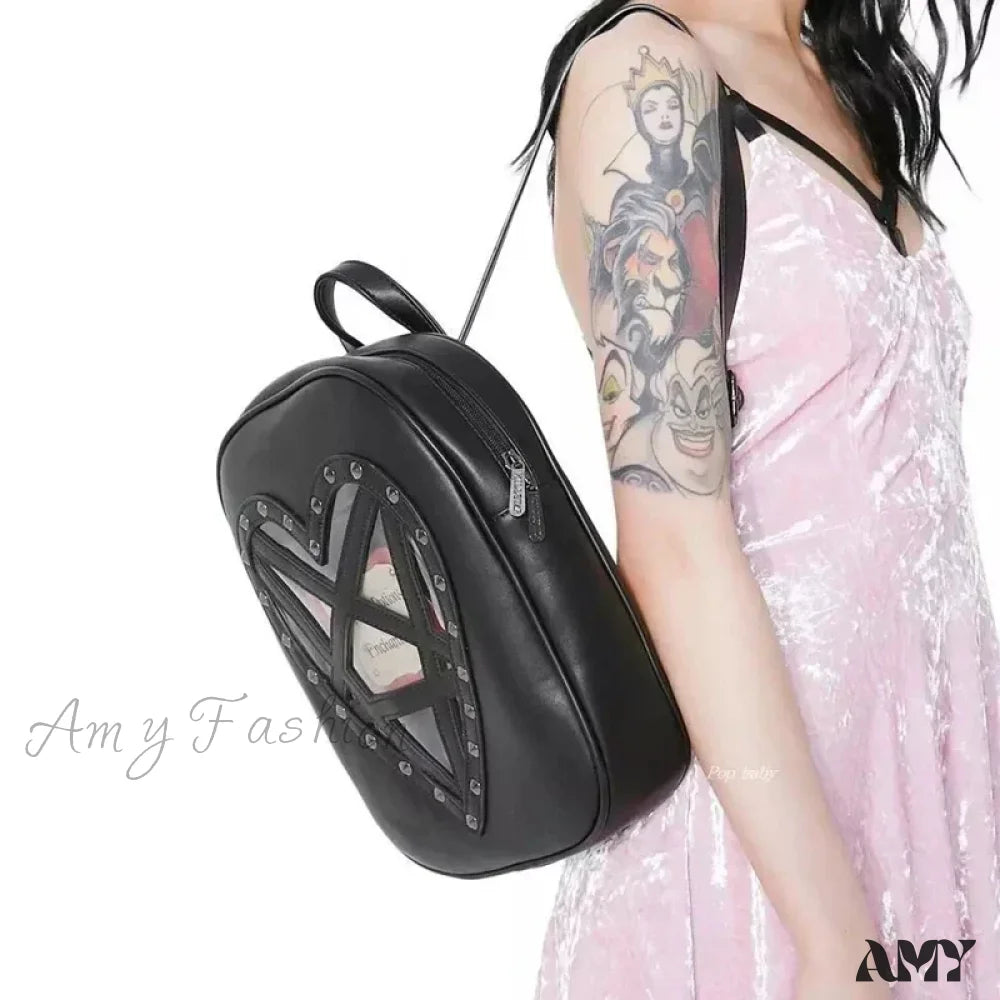 Hollow Punk Pentacle Gothic Out Pu Bag Cosplay Heart Black Leather Rock