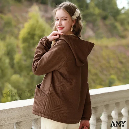 Hooded Twill Padded Thick Winter Warm Loose Vintage Quality Lady Coat Brown / M