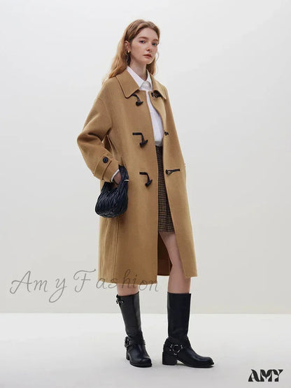 Horn Button College Style Red Camel Simple Mid-Length Black Wool Coat