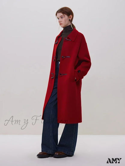 Horn Button College Style Red Camel Simple Mid-Length Black Wool Coat