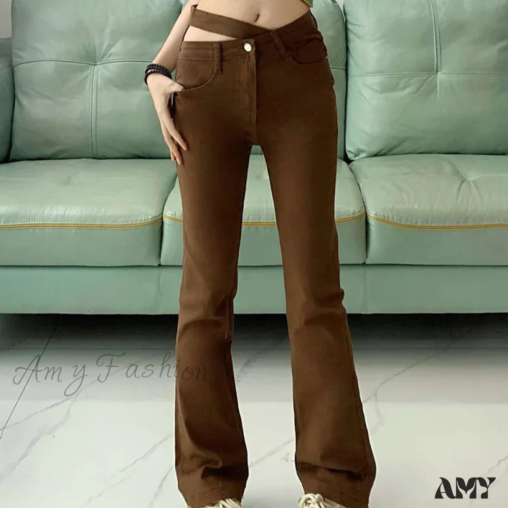 Irregular High Waist Loose Washed Bell Bottom Sexy Nightclub Fetish Skinny Flare Jeans Brown / S