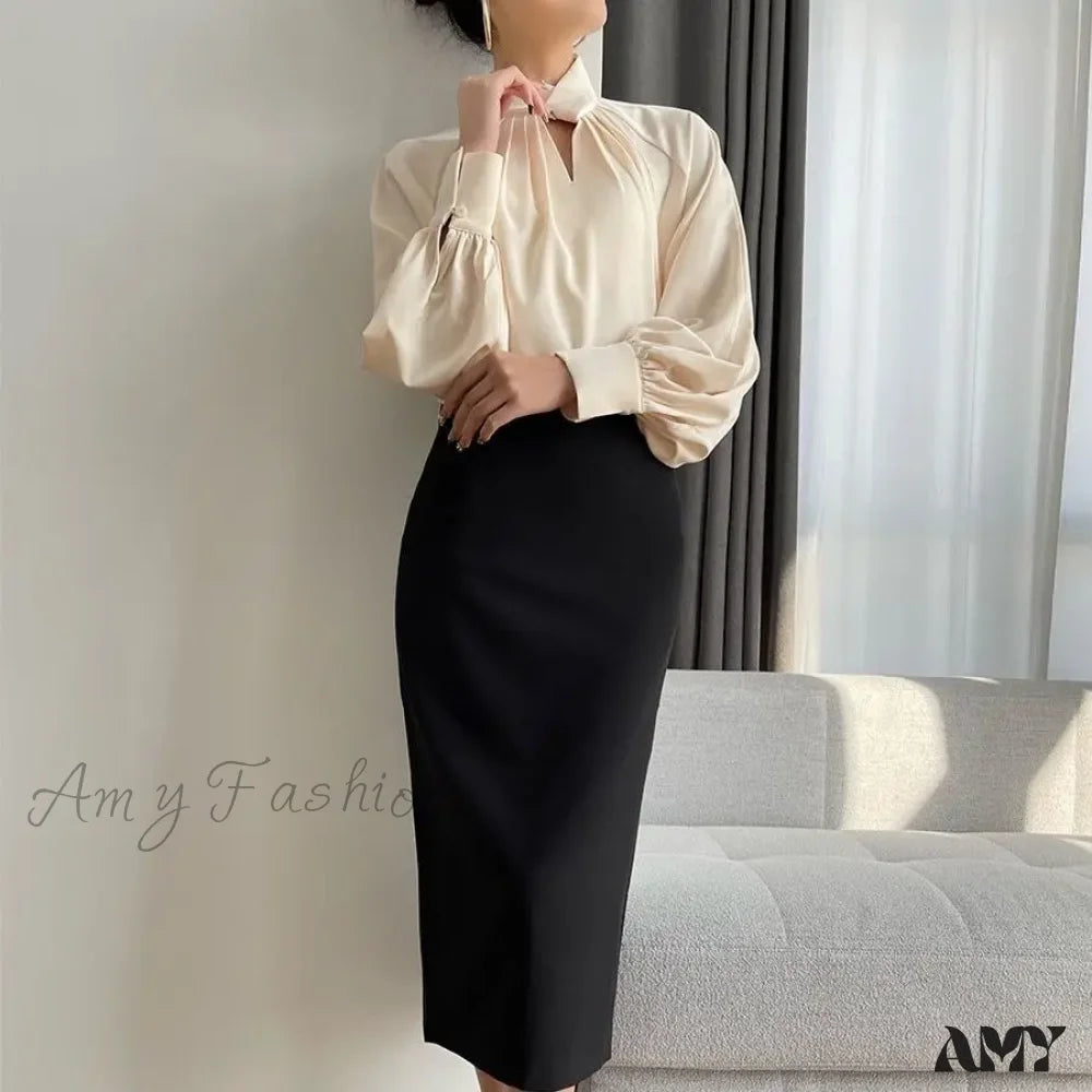 Irregular Ladies Solid Color Temperament Pleated Stand Collar Blouse