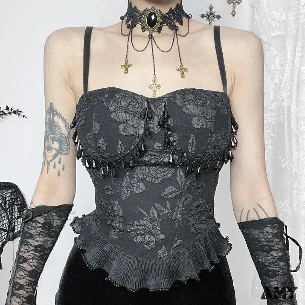 Jacquard Sexy Crop Gothic Pendant Retro Bead Grunge Top Backless Black / S