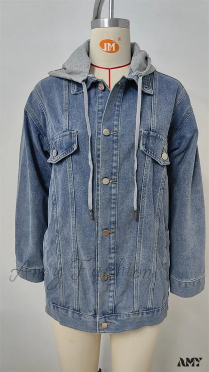 Jean Autumn Oversized Denim Detachable Hoodies Baggy Fashion Jacket