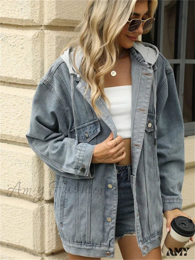 Jean Autumn Oversized Denim Detachable Hoodies Baggy Fashion Jacket