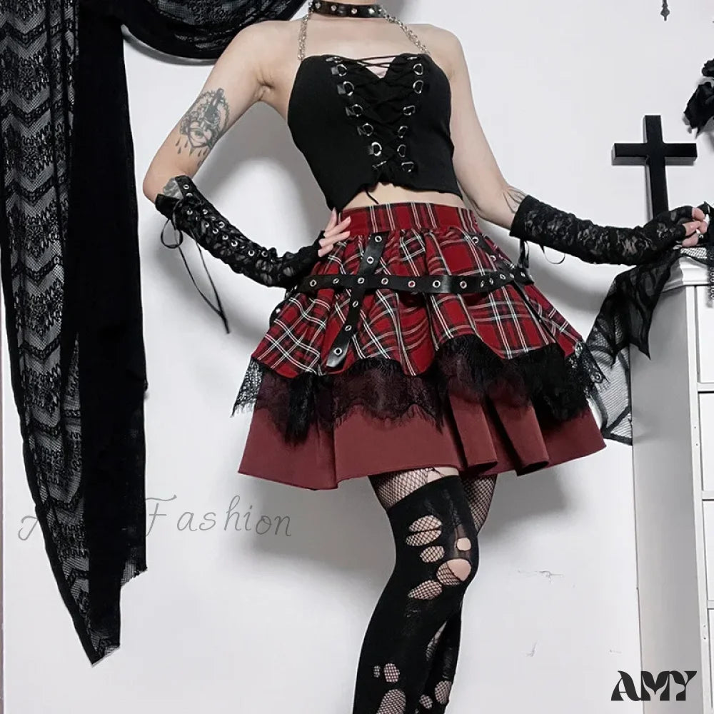 Kawaii Costume Plaid Pleated Skirt Gothic Sweet Lace Harajuku Y2K Girls