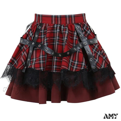 Kawaii Costume Plaid Pleated Skirt Gothic Sweet Lace Harajuku Y2K Girls Red / S