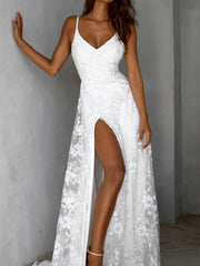 V-neck Lace Open Long Dress