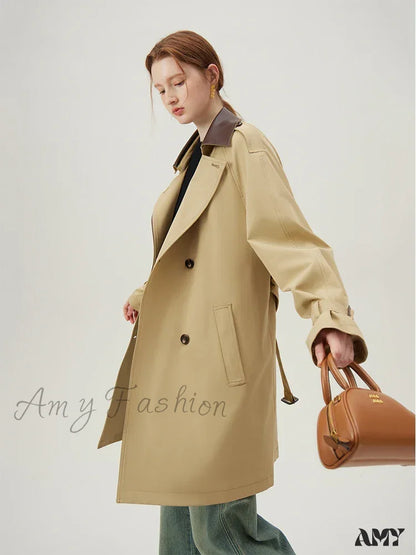 Khaki Contrasting Mid-Length Windbreaker Loose Trench New Style Coat