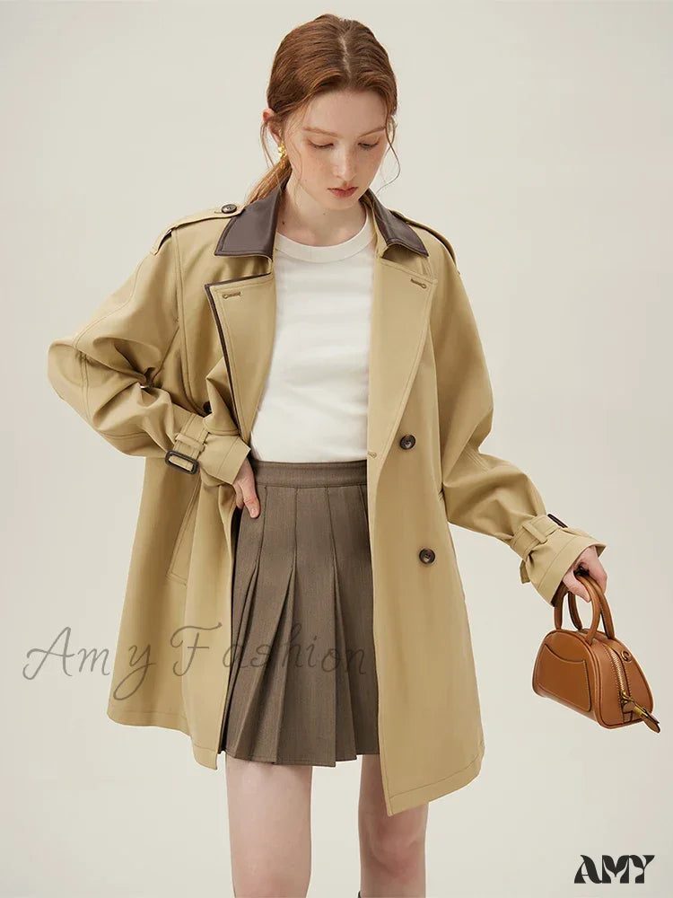 Khaki Contrasting Mid-Length Windbreaker Loose Trench New Style Coat / S