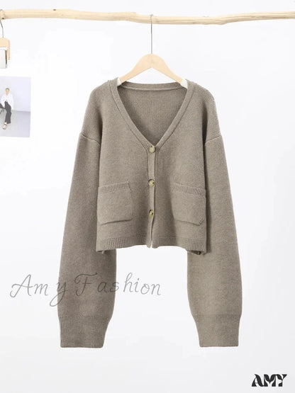 Knit Cardigan Autumn Gentle Solid Long Sleeve Single Breasted Sweater Khaki / S