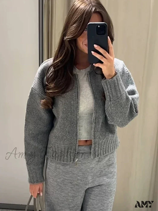 Knit Grey Zipper O-Neck Long Sleeve Autumn Winter High Street Sweater