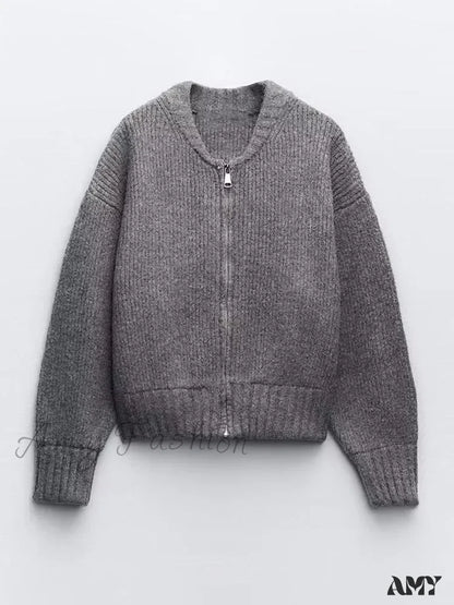 Knit Grey Zipper O-Neck Long Sleeve Autumn Winter High Street Sweater