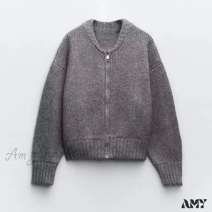 Knit Grey Zipper O-Neck Long Sleeve Autumn Winter High Street Sweater Gray / S