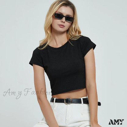 Knit New Short Sleeve O Neck Summer Casual Ribbed Basic Sexy Streetwear Crop Top