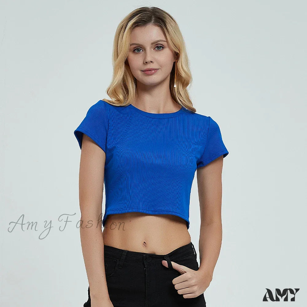 Knit New Short Sleeve O Neck Summer Casual Ribbed Basic Sexy Streetwear Crop Top Blue / S