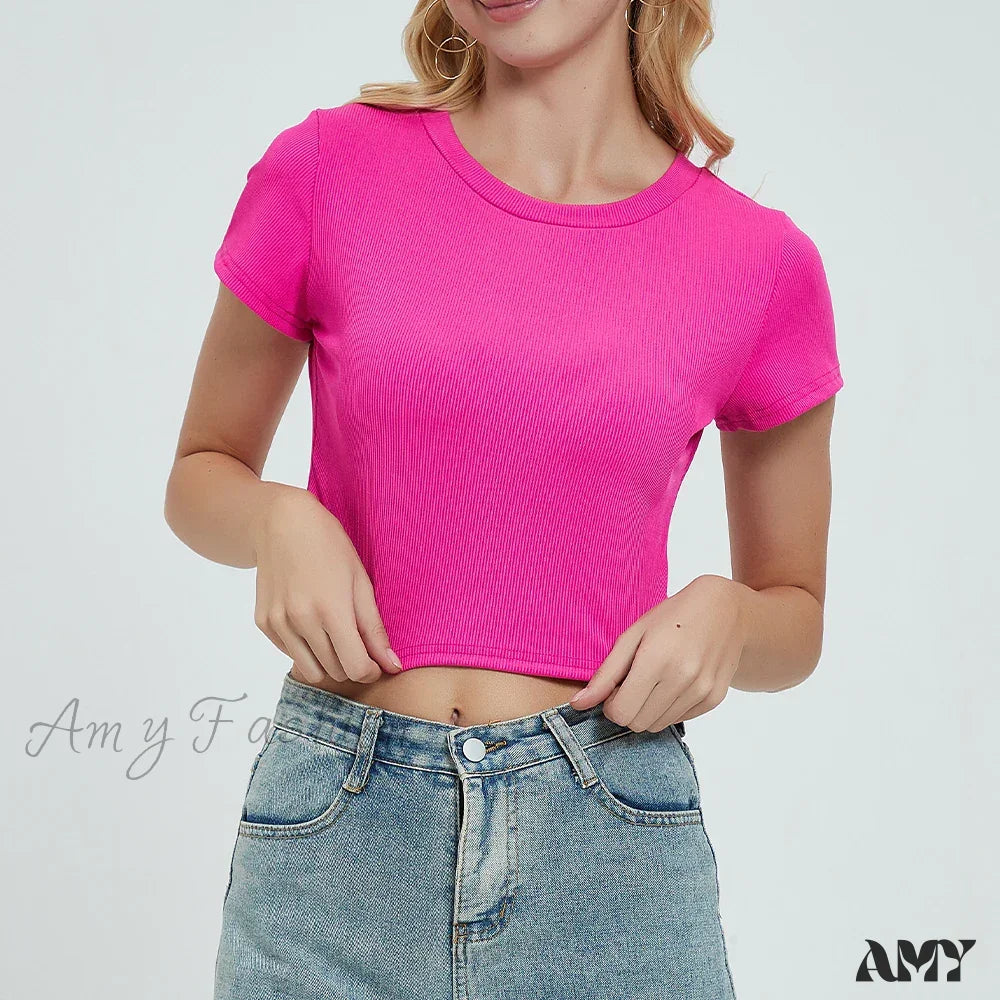 Knit New Short Sleeve O Neck Summer Casual Ribbed Basic Sexy Streetwear Crop Top Pink / S