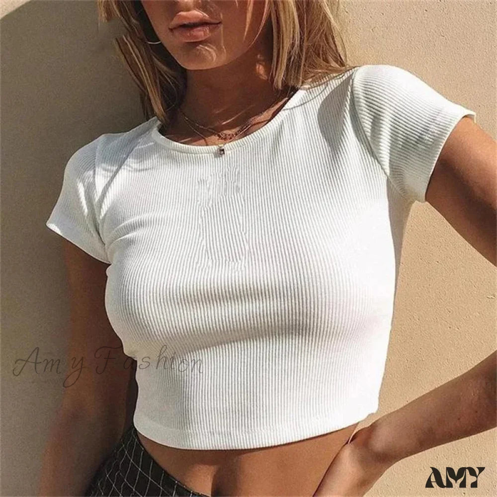 Knit New Short Sleeve O Neck Summer Casual Ribbed Basic Sexy Streetwear Crop Top White / S