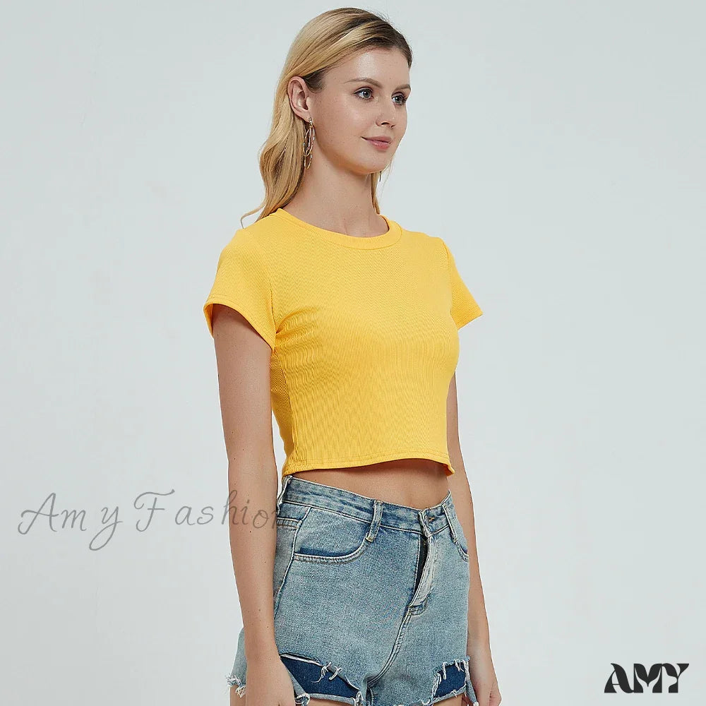 Knit New Short Sleeve O Neck Summer Casual Ribbed Basic Sexy Streetwear Crop Top Yellow / S