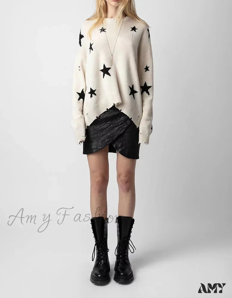 Knit Star Pattern Ripped Loose Round Neck Long Sleeve Casual Sweater