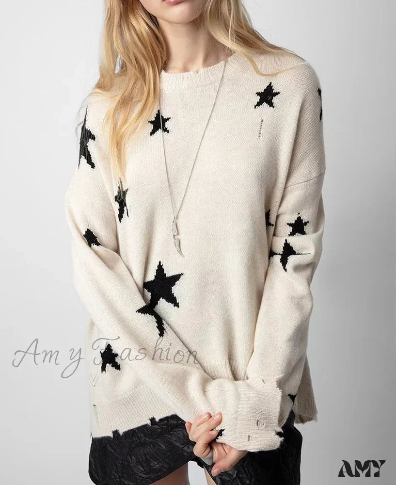 Knit Star Pattern Ripped Loose Round Neck Long Sleeve Casual Sweater