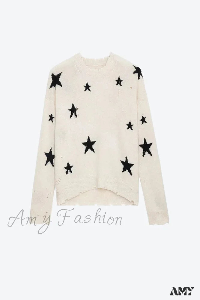 Knit Star Pattern Ripped Loose Round Neck Long Sleeve Casual Sweater Cream / S