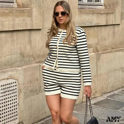 Knit Striped Shorts Long Sleeve Slim Two Piece Sets Sweater