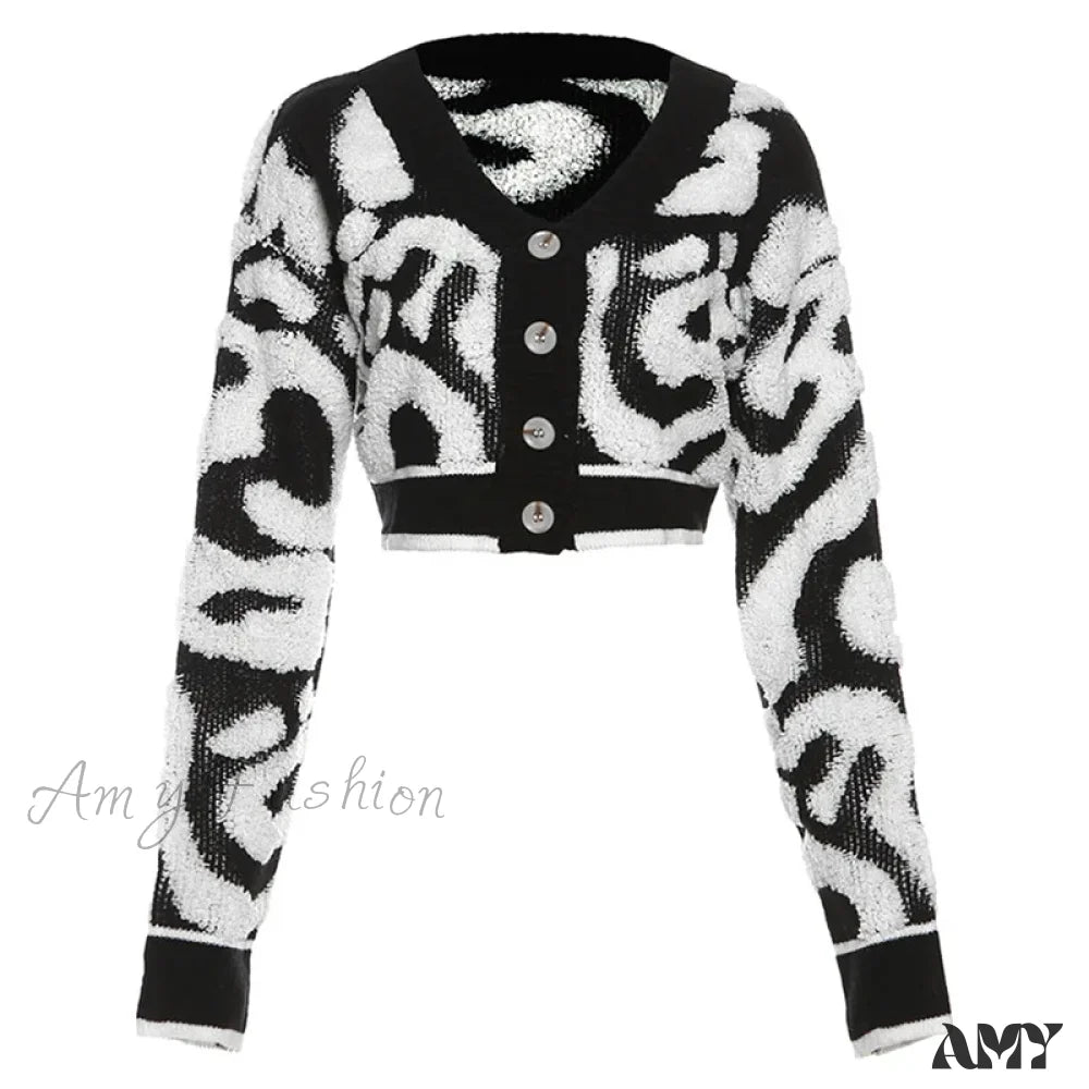 Knitted Color Patchwork Slim Short V Neck Long Sleeve Single Breasted Pink Casual Sweater Black / S