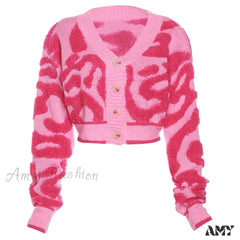 Knitted Color Patchwork Slim Short V Neck Long Sleeve Single Breasted Pink Casual Sweater / S