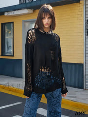 Knitted Hole Street Style Solid Color Loose Design Breathable Sweater Black / One Size