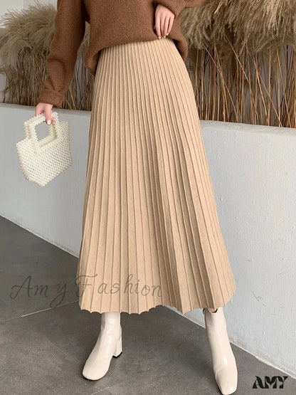 Knitted Long Maxi Casual Solid Thick Warm A-Line High Waist Ankle Length Skirt